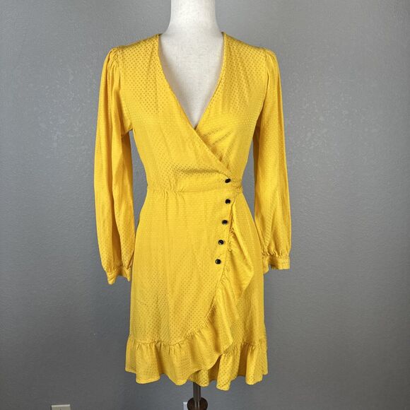 Maje Womens Roseya Ruffled Wrap Mini Dress Size 6 US/ 38 EU Yellow Long Sleeve - Picture 1 of 10